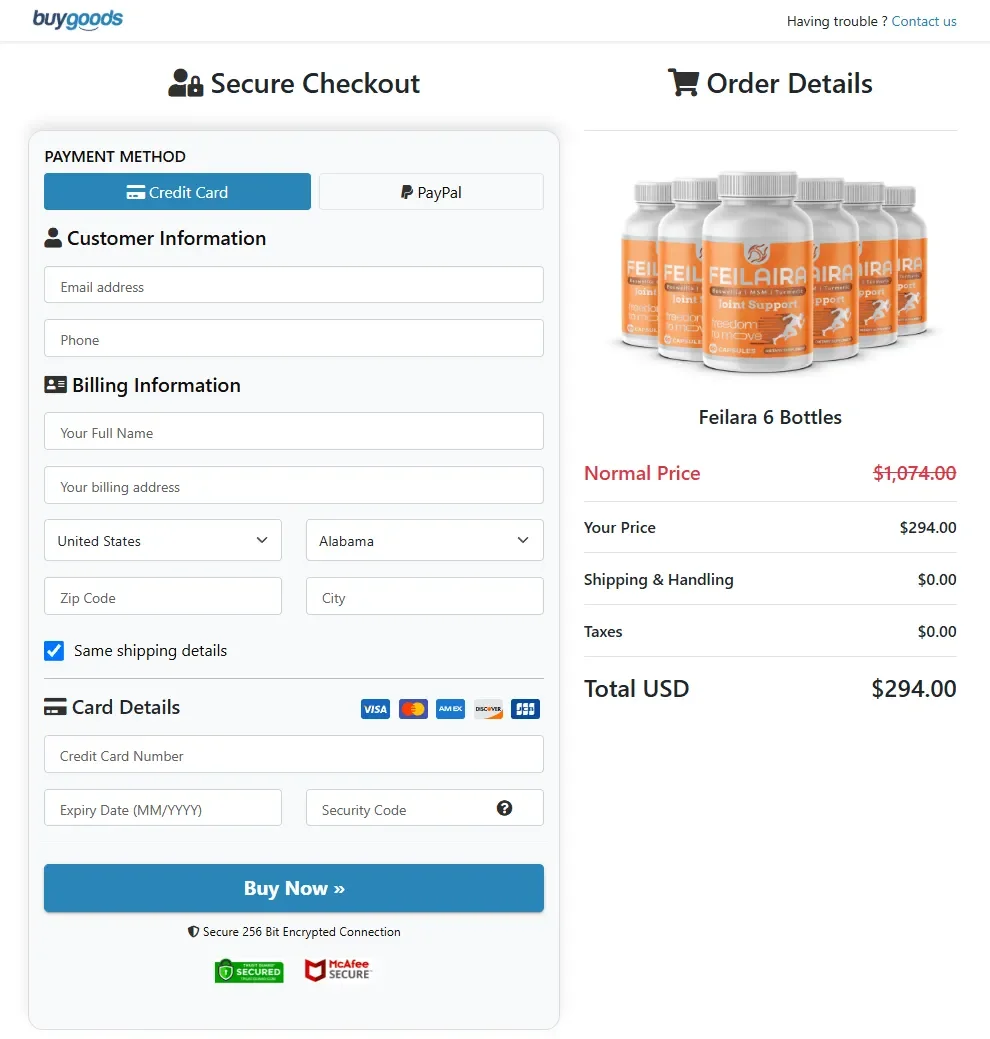 Feilaira order checkout page